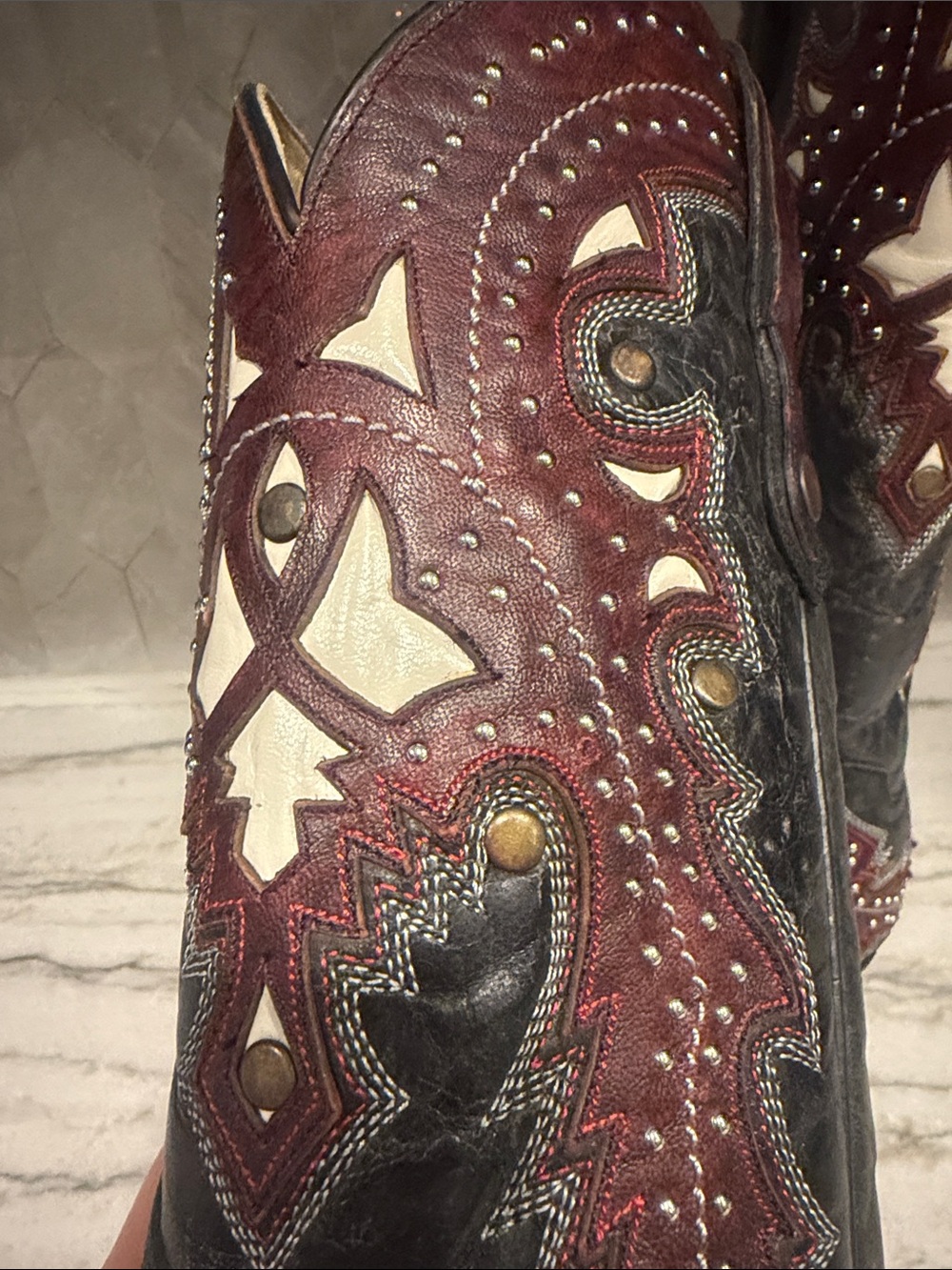 Women's Black and Burgundy Embellished Western Heeled Boots - Picture 2 of 11